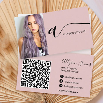 Dusty Rose Hair Makeup Photo Initial Qr Code Business Card by girly_trend at Zazzle
