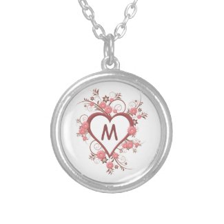 Dusty Rose Heart, Flowers and Monogram Initial Silver Plated Necklace