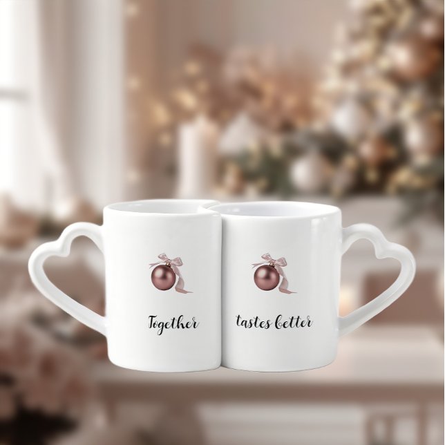 DUSTY ROSE HOLIDAY ORNAMENT HEART HANDLE MUG SET (Together tastes better - festive heart-handle mugs for cozy holiday moments.)