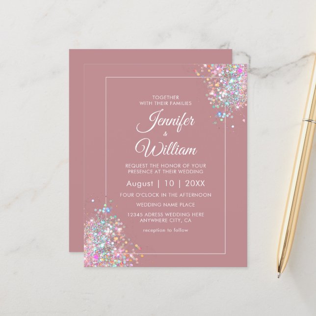 Dusty Rose Holographic Glitter Wedding Invitation (Front/Back In Situ)