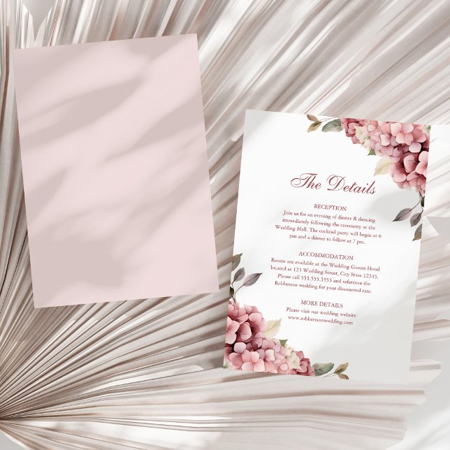 Dusty Rose Hydrangea Wedding Details Card (Modern Dusty Rose Hydrangea Wedding Details Card on a sunny neutral dry plam leaf.)