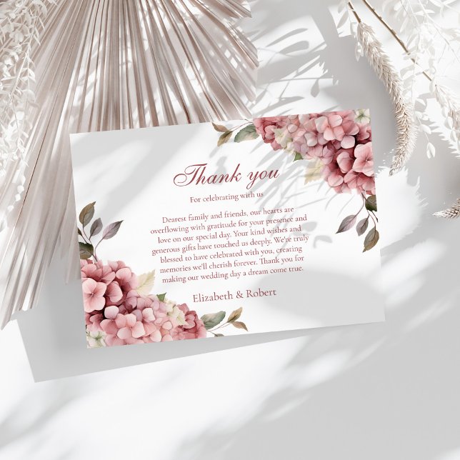Dusty Rose Hydrangea Wedding Thank You Card (Modern Dusty Rose Hydrangea Wedding Thank You Card on a sunny table with white dry botanicals.)