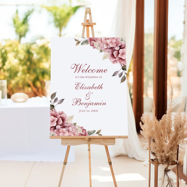 Dusty Rose Hydrangea Wedding Welcome Sign (Modern Dusty Rose Hydrangea Wedding Welcome Foam Board)