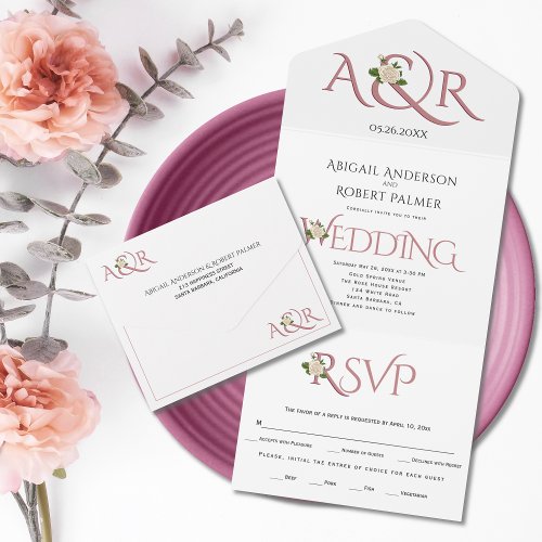 Dusty rose initials and ampersand rose wedding all in one invitation