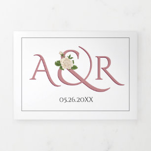 Dusty rose initials and ampersand, rose wedding Tri-Fold invitation