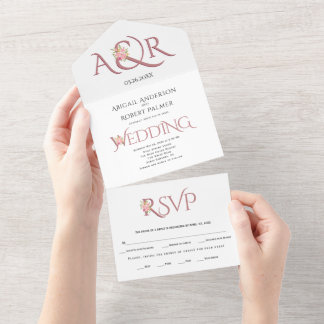 Dusty rose initials and pink rose bouquet wedding all in one invitation