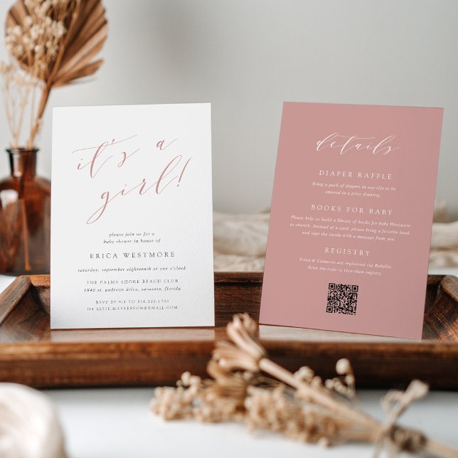 Dusty Rose "It's a Girl" All in One Baby Shower Invitation (Creator Uploaded)