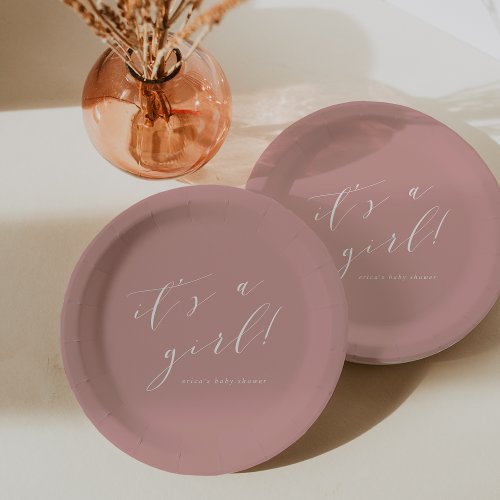 Dusty Rose Its a Girl Calligraphy Baby Shower Paper Plates