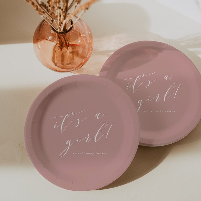 Dusty Rose "It's a Girl" Calligraphy Baby Shower Paper Plates (Creator Uploaded)