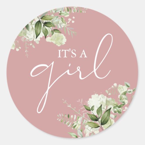 Dusty Rose Its A Girl Greenery Baby Shower Favor Classic Round Sticker