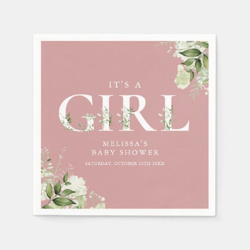 Dusty Rose Its A Girl Greenery Letter Baby Shower Napkins