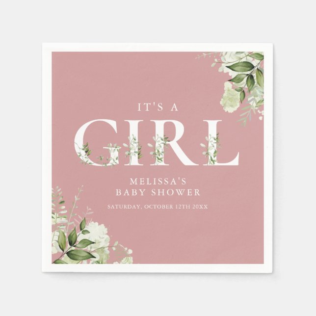 Dusty Rose Its A Girl Greenery Letter Baby Shower Napkins (Front)