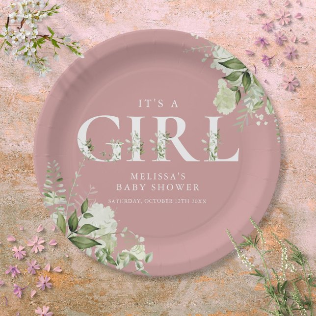 Dusty Rose Its A Girl Greenery Letter Baby Shower Paper Plates (Dusty Rose Its A Girl Greenery Letter Baby Shower Paper Plates)