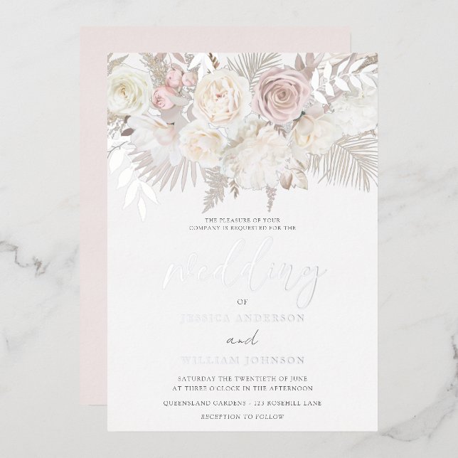Dusty Rose & Ivory Boho Wedding Silver Foil Invitation (Front/Back)