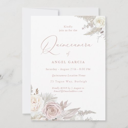 Dusty Rose  Ivory Elegant Quinceanera Party Invitation