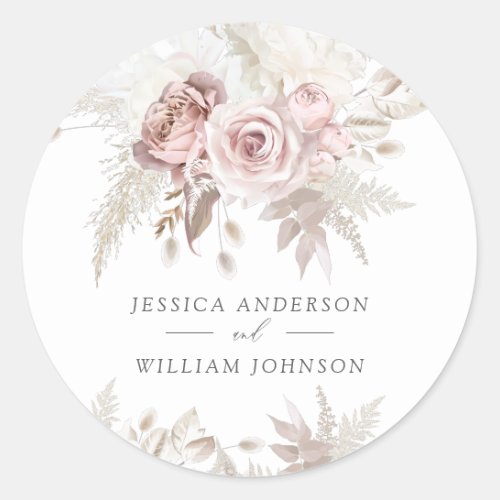 Dusty Rose  Ivory Floral Beautiful Wedding Large Classic Round Sticker