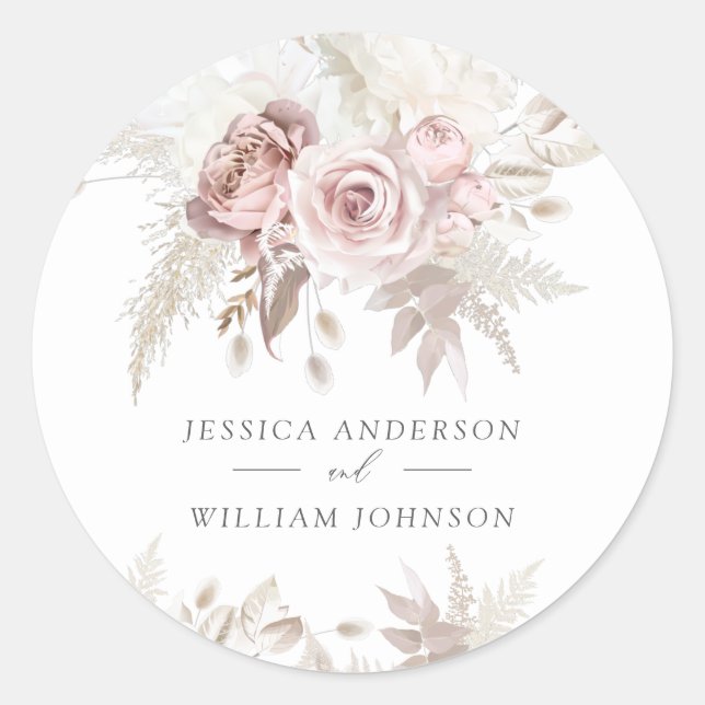 Dusty Rose & Ivory Floral Beautiful Wedding Large Classic Round Sticker (Front)
