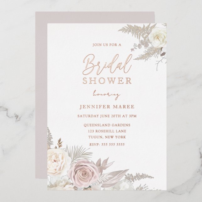 Dusty Rose & Ivory Floral Bridal Shower Rose Gold  Foil Invitation (Front/Back)