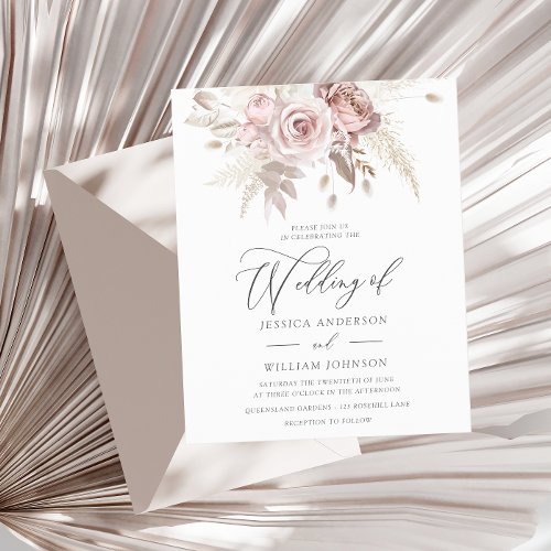 Dusty Rose Ivory Floral Budget Wedding Invitation