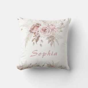 Dusty Rose & Ivory Floral Gift Birthday Name Throw Pillow