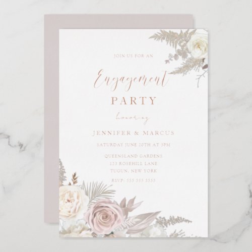 Dusty Rose  Ivory Floral Gold Engagement Party Foil Invitation