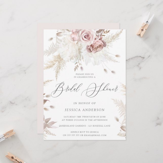 Dusty Rose & Ivory Floral Large Bridal Shower Invi Invitation (Front/Back In Situ)