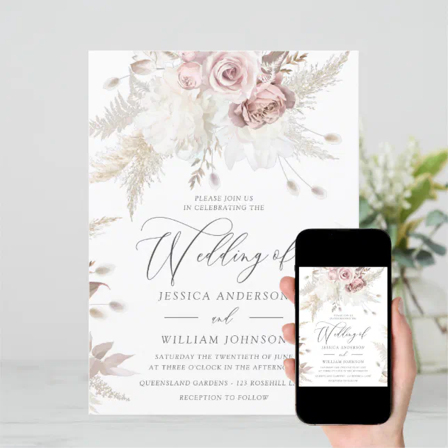 Dusty Rose & Ivory Floral Large Wedding Invitation | Zazzle