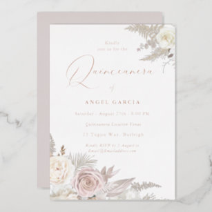 Dusty Rose & Ivory Floral Quinceanera Rose Gold Foil Invitation