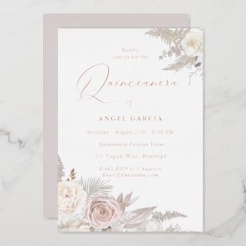 Dusty Rose & Ivory Floral Quinceanera Rose Gold Foil Invitation by Nicheandnest at Zazzle