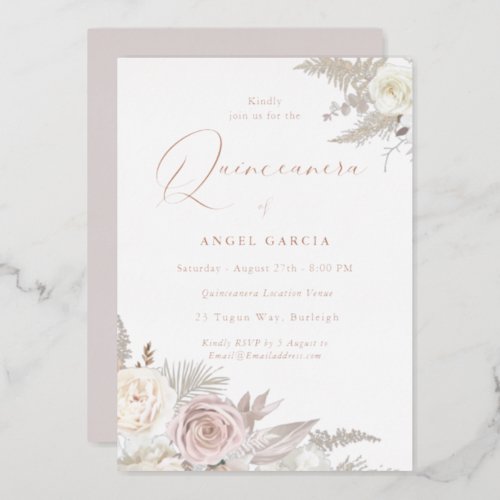 Dusty Rose  Ivory Floral Quinceanera Rose Gold Foil Invitation