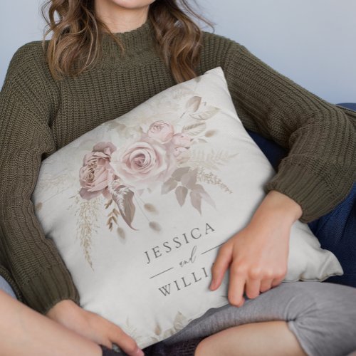 Dusty Rose  Ivory Floral Wedding or anniversary Throw Pillow