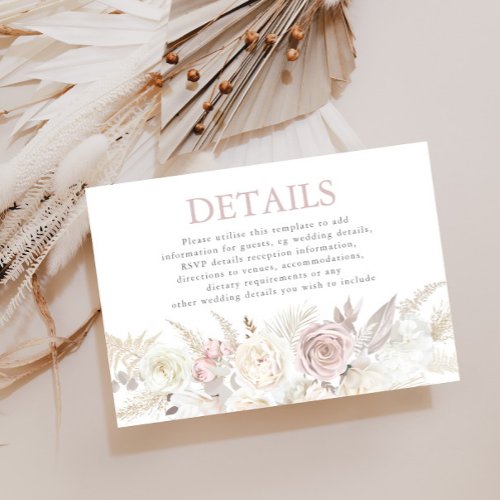 Dusty Rose Ivory Floral Wedding Reception Details Enclosure Card