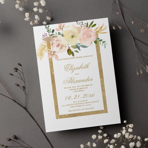 Dusty rose ivory gold glitter floral wedding invitation