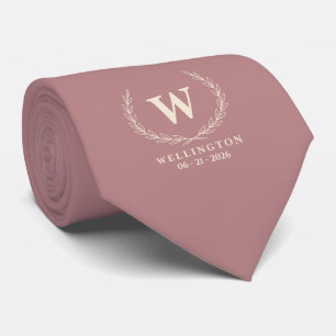 Dusty Rose Ivory Laurel Monogram Wedding Name Date Neck Tie