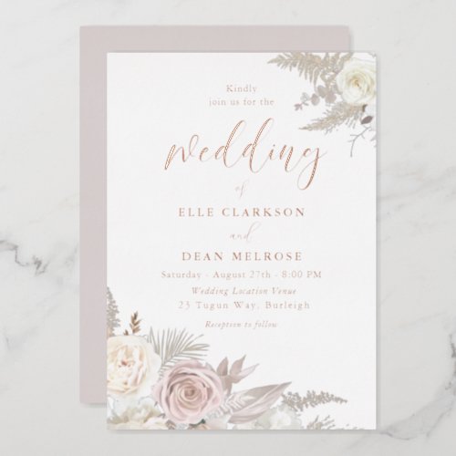 Dusty Rose  Ivory White Floral Wedding Rose Gold Foil Invitation