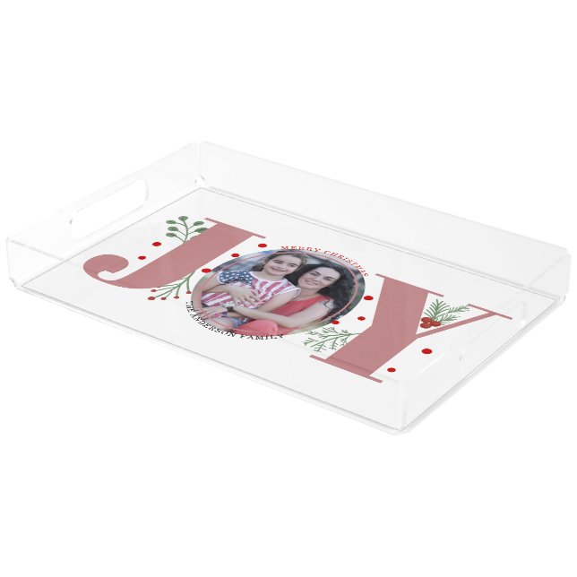 Dusty rose Joy and berries Christmas holiday photo Acrylic Tray (Angled)