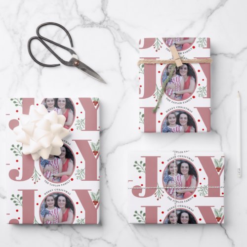 Dusty rose Joy and berries Christmas holiday photo Wrapping Paper Sheets