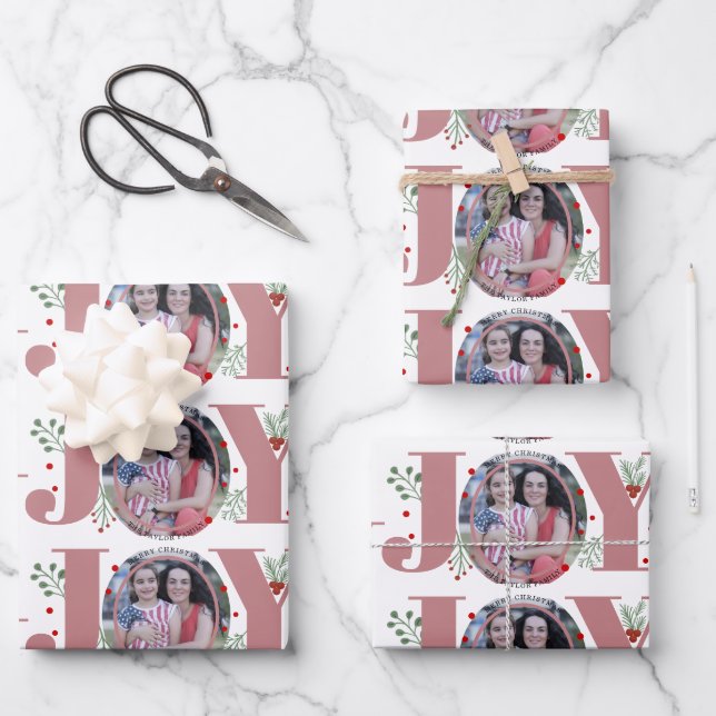 Dusty rose Joy and berries Christmas holiday photo Wrapping Paper Sheets (Front)