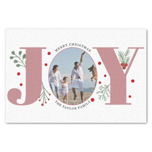 Dusty rose Joy with berries Christmas photo Tissue Paper