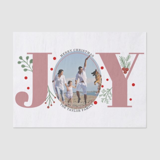 Dusty rose Joy with berries Christmas photo Tissue Paper (Front)