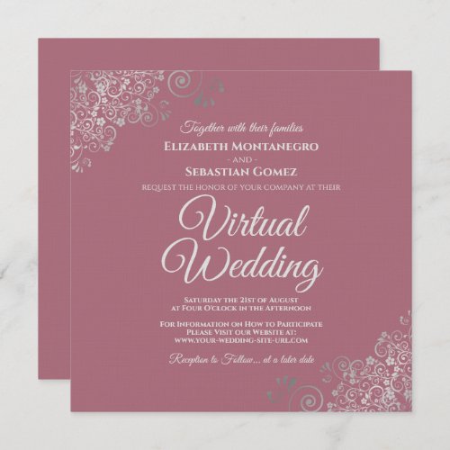 Dusty Rose  Lacy Silver Elegant Virtual Wedding Invitation