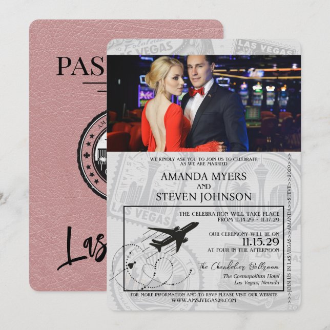 Dusty Rose Las Vegas Passport Wedding Invitation (Front/Back)