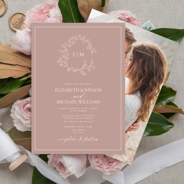 Dusty Rose Leafy Crest Monogram Photo Wedding Invitation (Creator Uploaded)