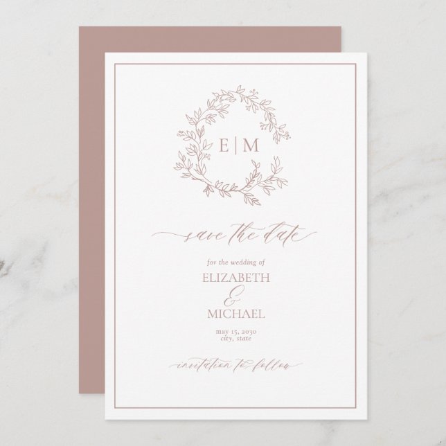 Dusty Rose Leafy Crest Monogram Save the Date Invitation (Front/Back)