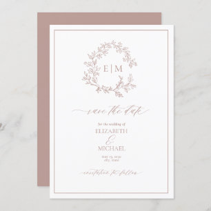 Dusty Rose Leafy Crest Monogram Save the Date Invitation