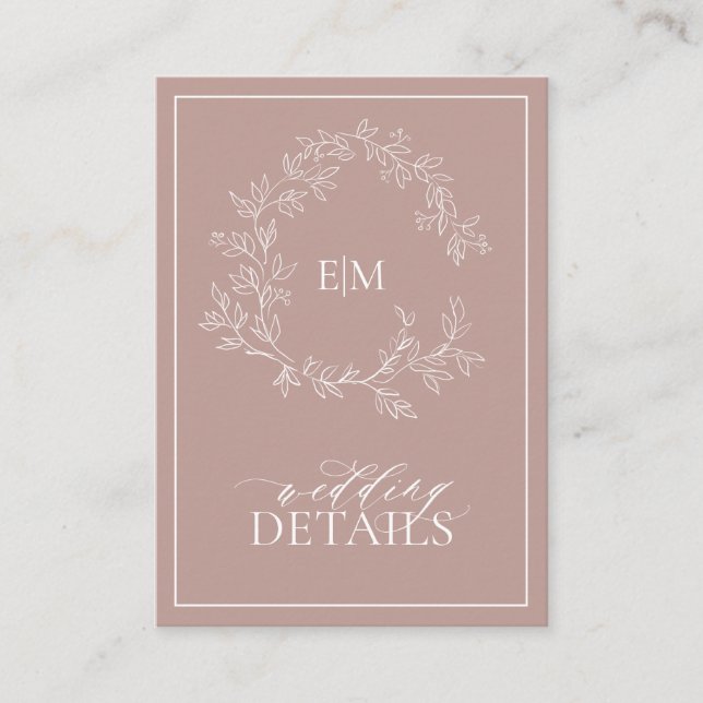 Dusty Rose Leafy Crest Monogram Wedding Details Enclosure Card (Front)