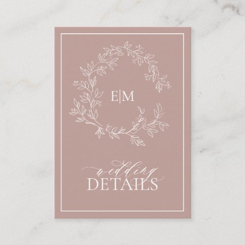 Dusty Rose Leafy Crest Monogram Wedding Details Enclosure Card