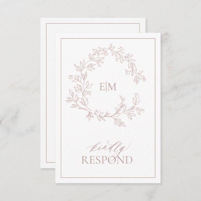 Dusty Rose Leafy Crest Monogram Wedding RSVP Card (Front/Back)