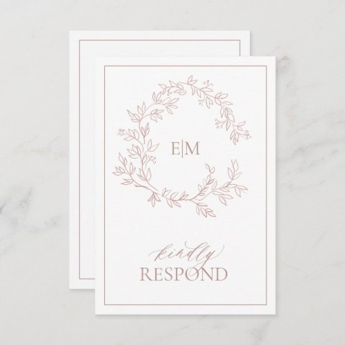 Dusty Rose Leafy Crest Monogram Wedding RSVP Card