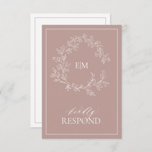 Dusty Rose Leafy Crest Monogram Wedding RSVP Card